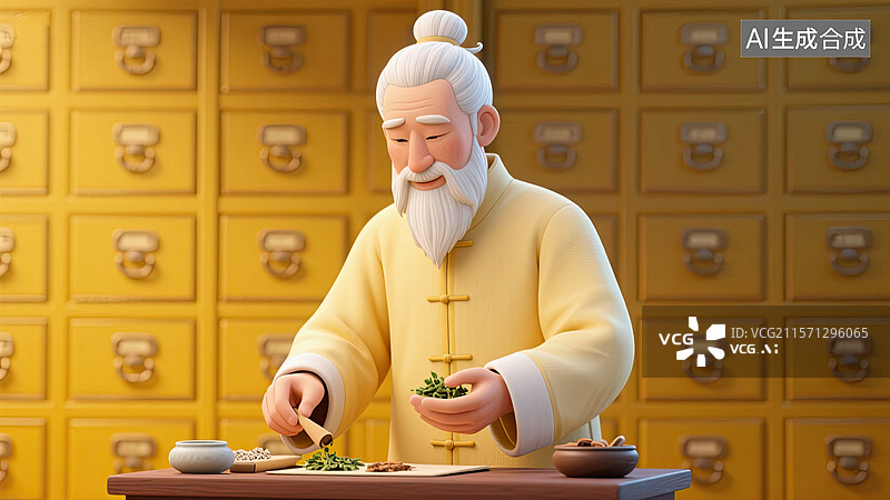 【AI数字艺术】白头发，老中医，中药柜，抓药，插画图片素材