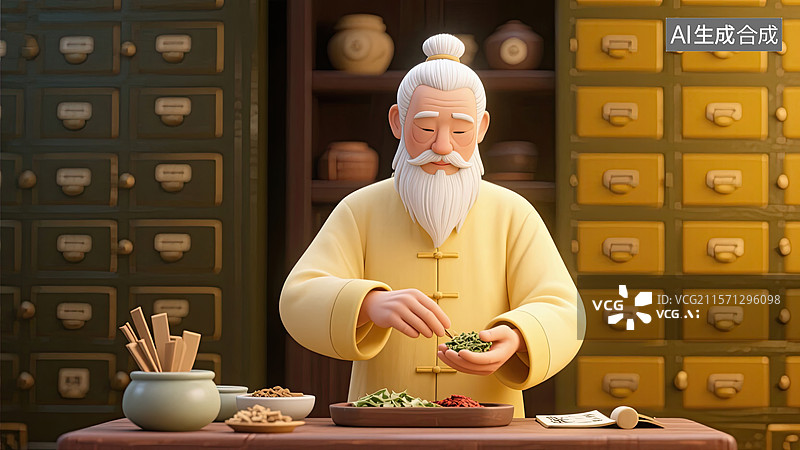 【AI数字艺术】白头发，老中医，中药柜，抓药，插画图片素材