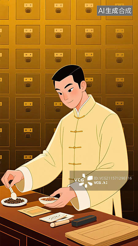 【AI数字艺术】中医，中药柜，抓药，中药，插画图片素材