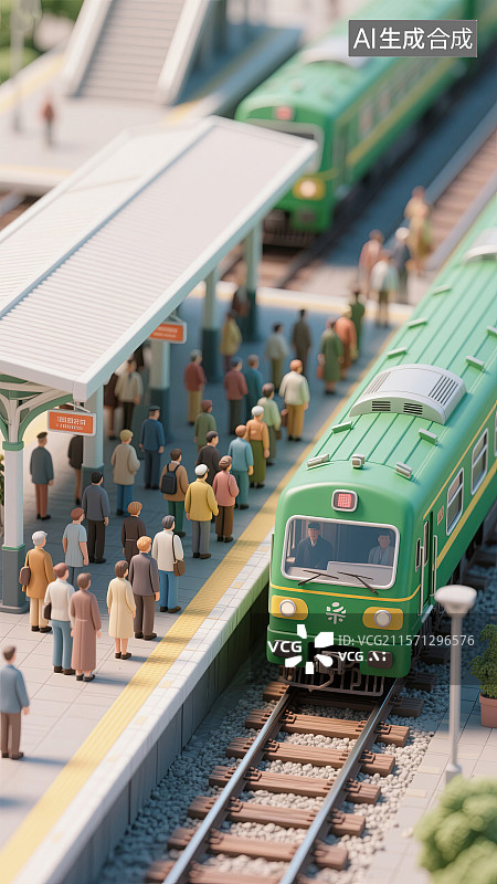 【AI数字艺术】人群，绿皮火车，站台，微缩景观，插画图片素材