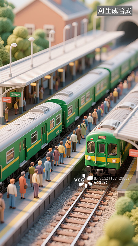 【AI数字艺术】人群，绿皮火车，站台，微缩景观，插画图片素材