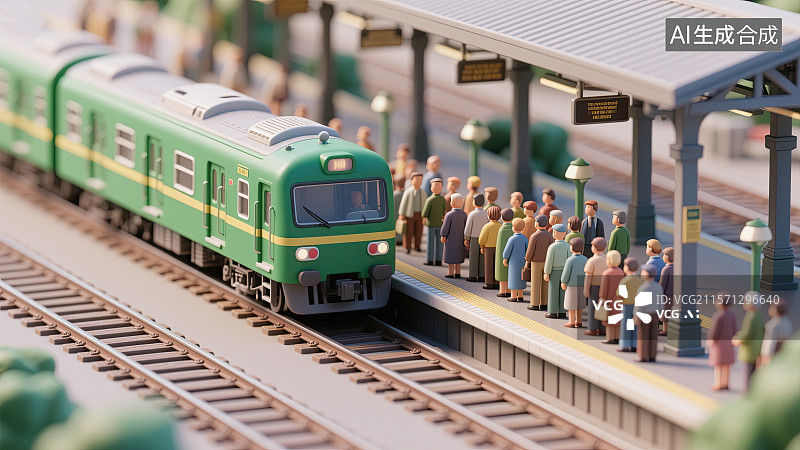 【AI数字艺术】人群，绿皮火车，站台，微缩景观，插画图片素材