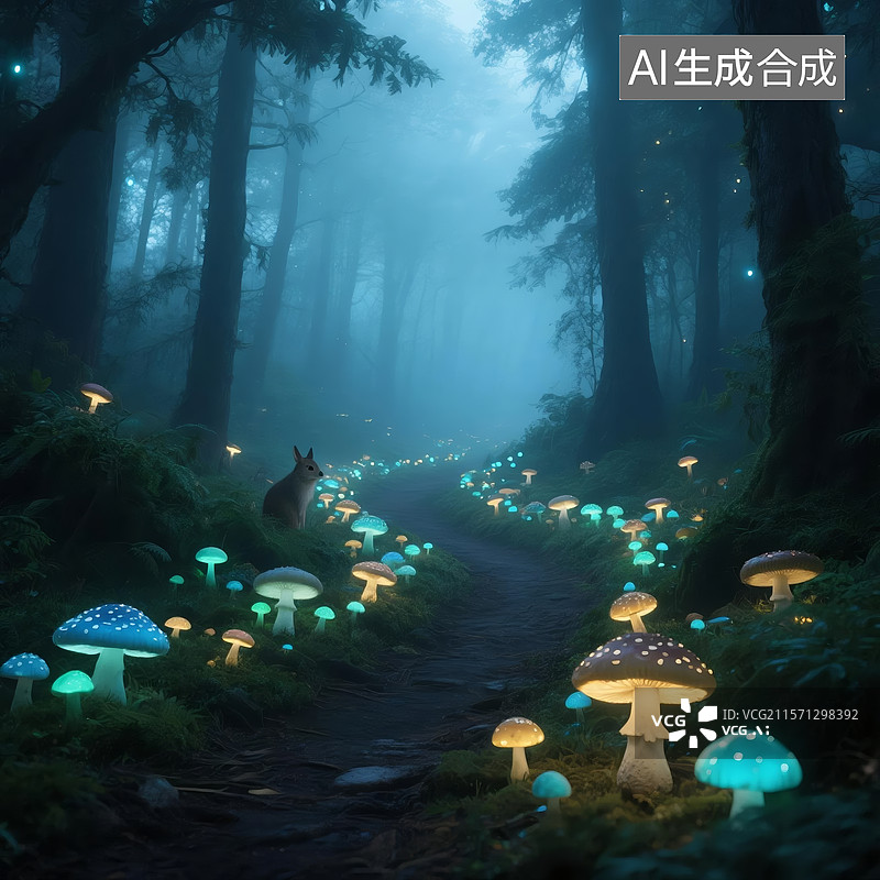 【AI数字艺术】发光蘑菇的奇幻森林图片素材