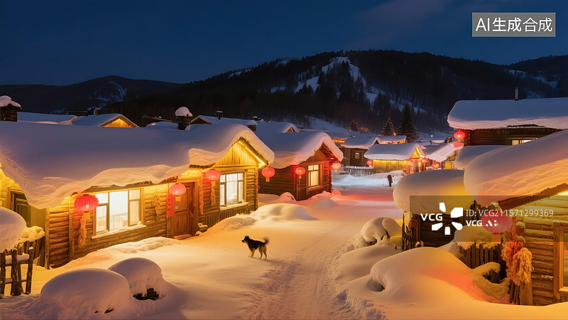 【AI数字艺术】雪夜中的木屋村庄图片素材