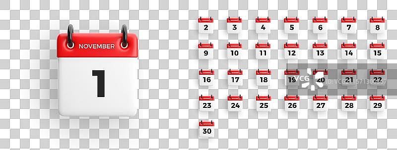 3D日历图标，日期从1到31图片素材