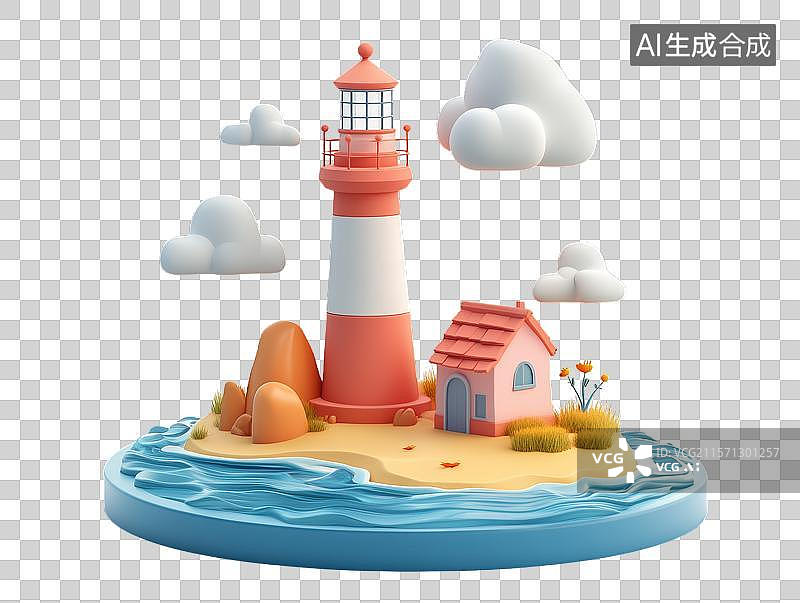 【AI数字艺术】灯塔与小屋的海滨景观图片素材