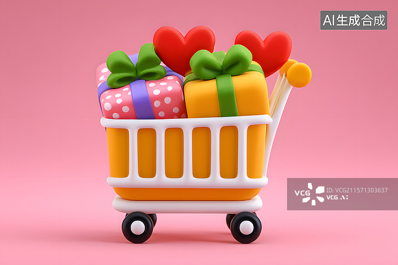 【AI数字艺术】电商购物车里的礼物三维渲染图片素材