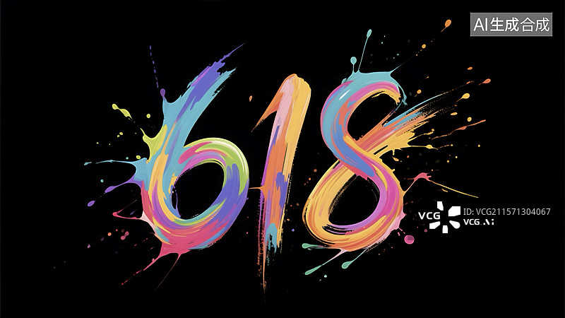 【AI数字艺术】黑色背景泼墨数字618图片素材