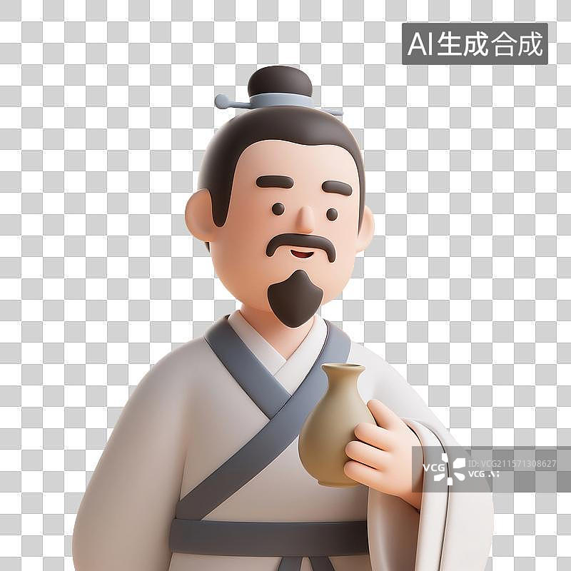 【AI数字艺术】3D渲染中国风古代卡通人物，手里拿着酒壶的唐代诗人，李白，陶渊明，喝酒，汉服，传统服饰，免抠元素图片素材