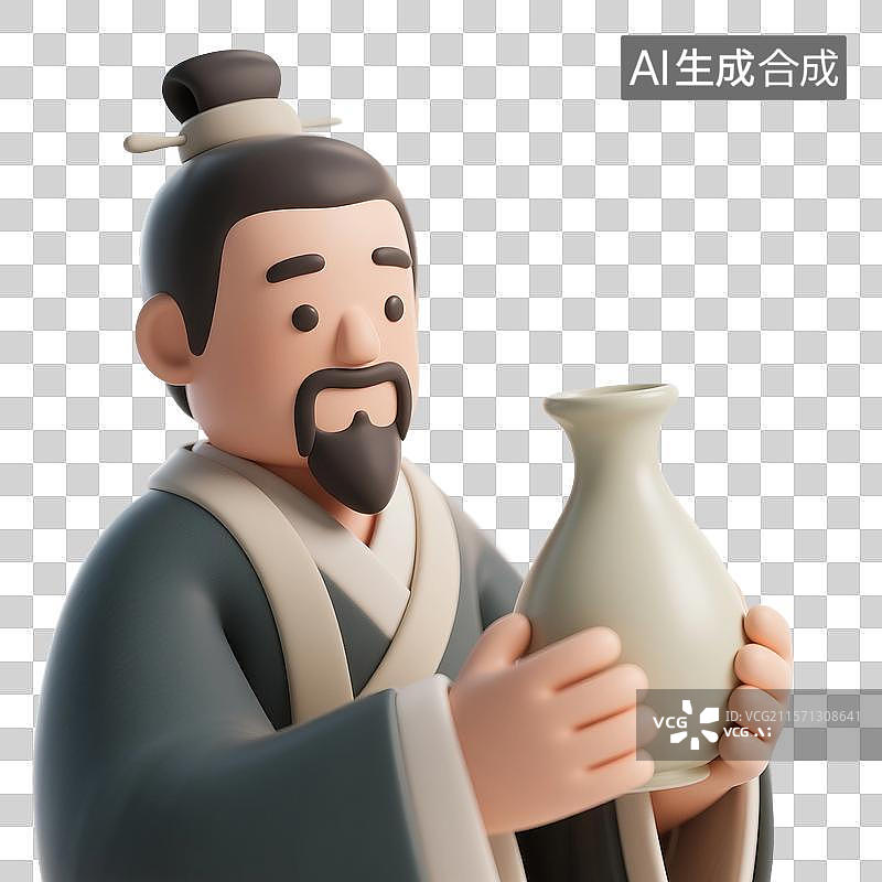 【AI数字艺术】3D渲染中国风古代卡通人物，手里拿着酒壶的唐代诗人，李白，陶渊明，喝酒，汉服，传统服饰，免抠元素图片素材