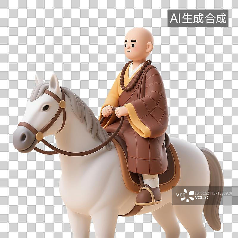 【AI数字艺术】3D渲染，西游记卡通人物形象，唐僧，唐僧骑着白龙马，唐三藏，免抠元素图片素材