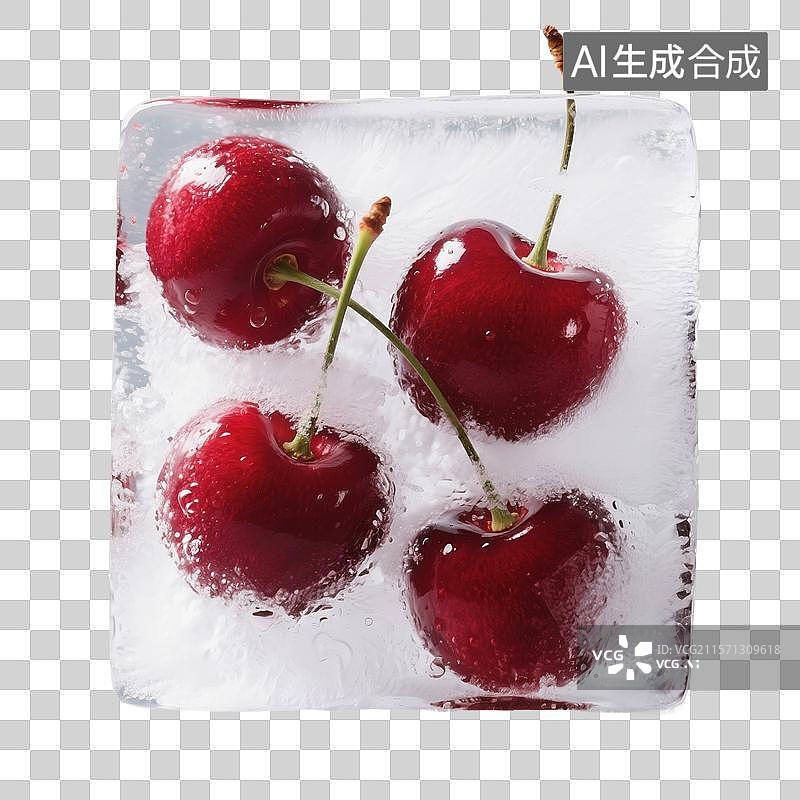 【AI数字艺术】冰块里的樱桃，车厘子，冰块，水果，水果茶，夏天免抠元素图片素材