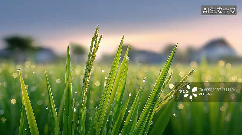 【AI数字艺术】稻苗晨露风景插画图片素材