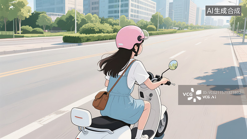 【AI数字艺术】戴头盔骑电瓶车的女孩图片素材