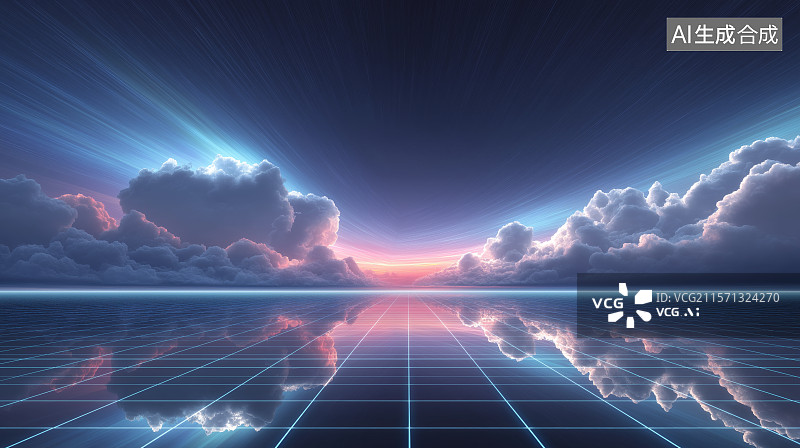 【AI数字艺术】汽车广告背景图——科技网格线平面与梦幻天空云朵图片素材