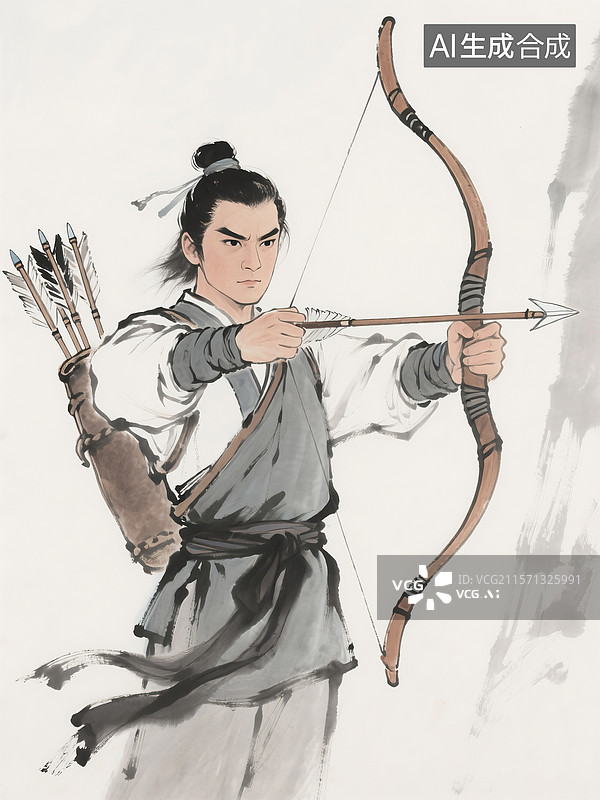 【AI数字艺术】持弓搭箭的武侠人物郭靖毛笔手绘水墨风格画图片素材