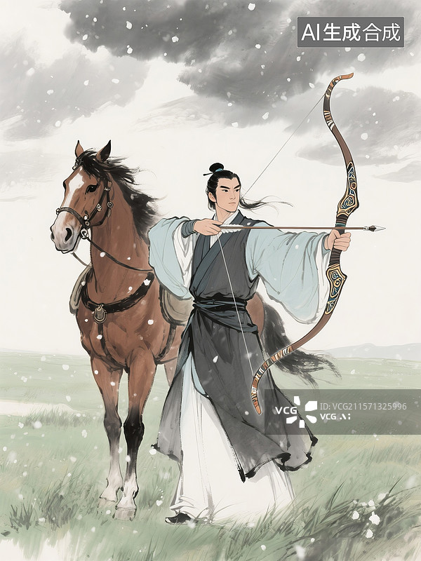 【AI数字艺术】持弓搭箭的武侠人物郭靖毛笔手绘水墨风格画图片素材