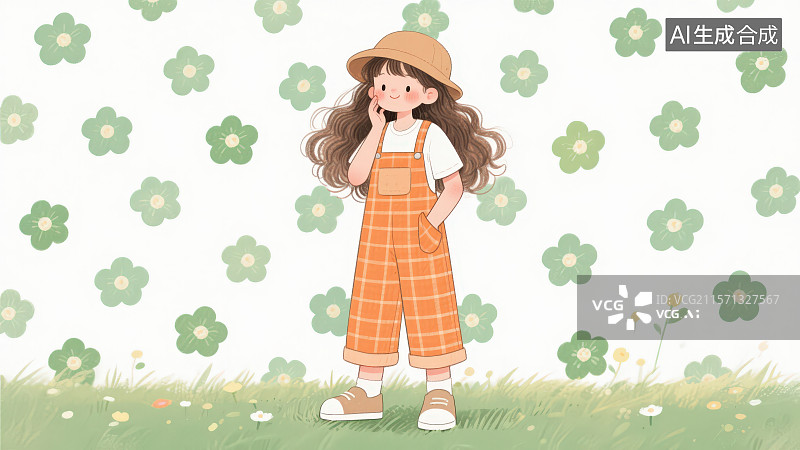 【AI数字艺术】一个长卷发戴着浅棕色帽子穿着白色内搭和绿色格子背带裤的卡通女孩摸着脸颊站在绿色花朵图案背景下图片素材