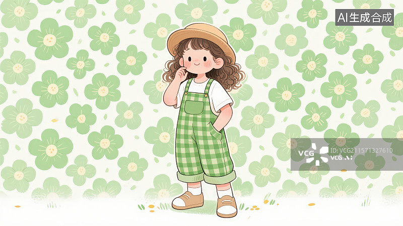 【AI数字艺术】一个长卷发戴着浅棕色帽子穿着白色内搭和绿色格子背带裤的卡通女孩摸着脸颊站在绿色花朵图案背景下图片素材