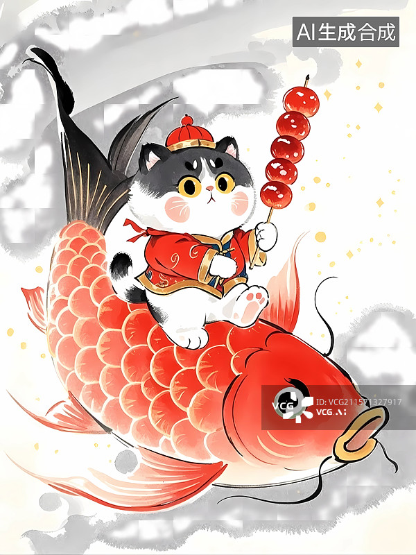 【AI数字艺术】节日庆祝主题红色国风背景——一个可爱的招财猫拿着一串冰糖葫芦，骑着一条锦鲤图片素材