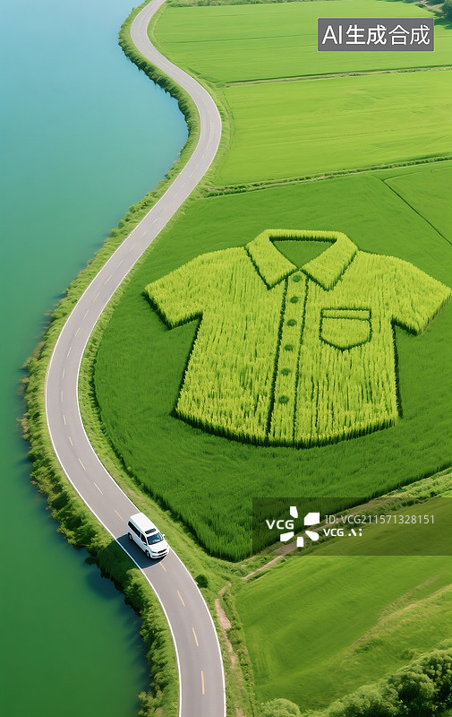 【AI数字艺术】乡村稻田画衬衣与道路湖水唯美插画图片素材