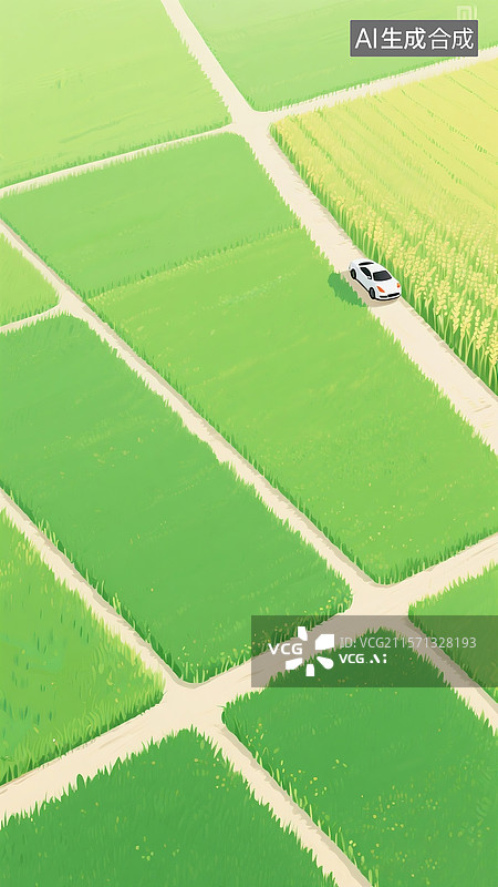 【AI数字艺术】乡村稻田画衬衣与道路湖水唯美插画图片素材