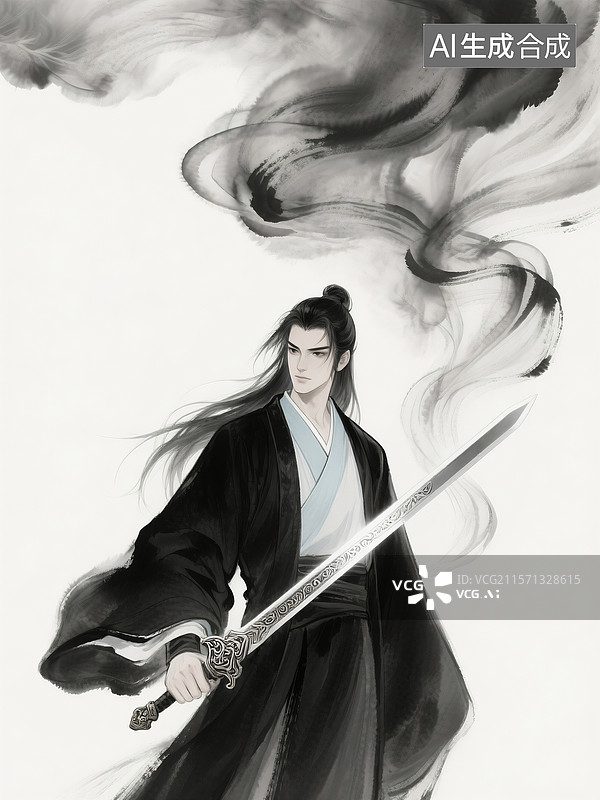 【AI数字艺术】古风水墨风格古典人物盖聂持剑图像图片素材