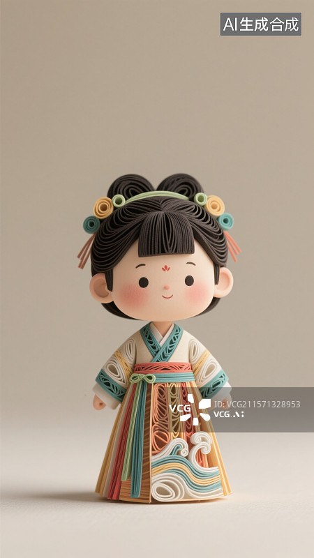 【AI数字艺术】衍纸卷纸艺术风格卡通Q版人物及女性汉族民族服装图片素材