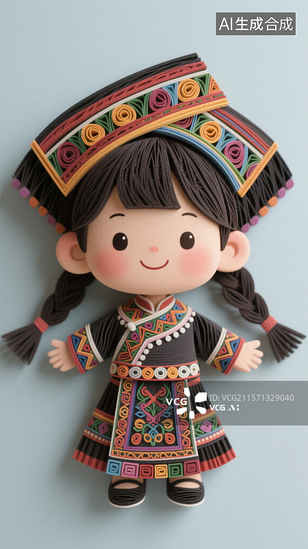 【AI数字艺术】衍纸卷纸艺术风格卡通Q版人物及女性壮族民族服装图片素材