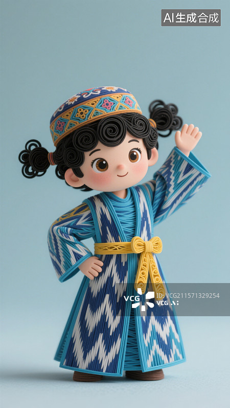 【AI数字艺术】衍纸卷纸艺术风格卡通Q版人物及女性维吾尔族族民族服装图片素材