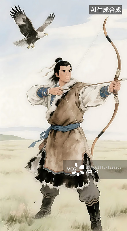 【AI数字艺术】国风水墨风武侠人物 金庸系列‌ 郭靖 蒙古皮裘或中原汉服布衣服饰图片素材