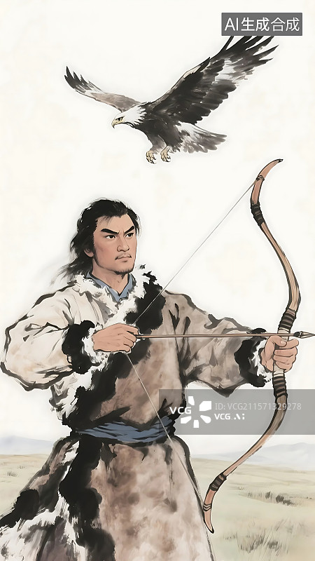 【AI数字艺术】国风水墨风武侠人物 金庸系列‌ 郭靖 蒙古皮裘或中原汉服布衣服饰图片素材