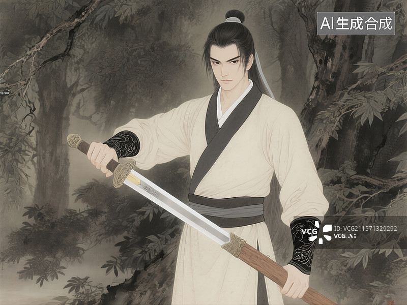 【AI数字艺术】水墨工笔风格古典人物刺客盖聂持剑图像图片素材