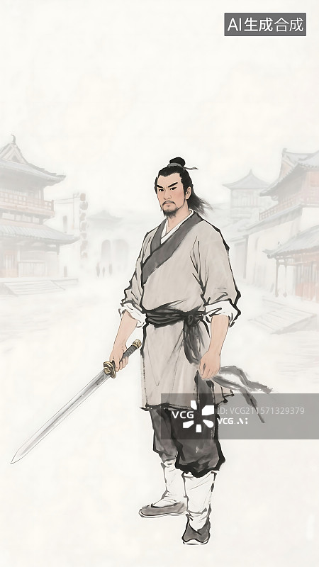 【AI数字艺术】国风水墨风武侠人物 金庸系列‌ 郭靖 蒙古皮裘或中原汉服布衣服饰图片素材