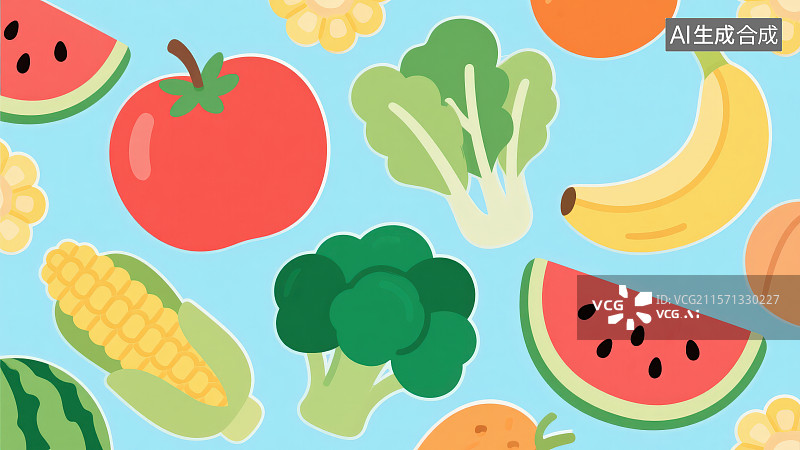 【AI数字艺术】卡通蔬菜水果苹果番茄青菜西兰花玉米香蕉西瓜图片素材