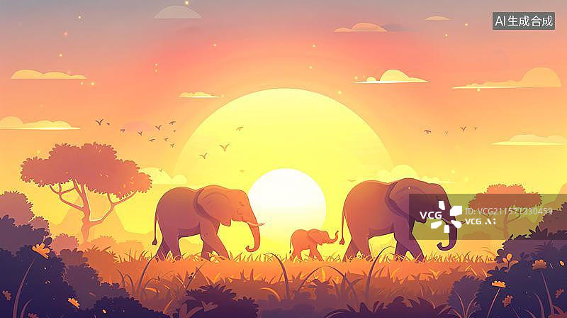 【AI数字艺术】象群迁徙的壮丽画卷   黄昏下的非洲象群图片素材
