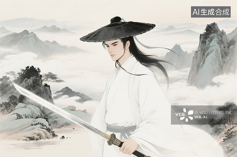 【AI数字艺术】水墨插画中的武侠古装楚留香形象图片素材