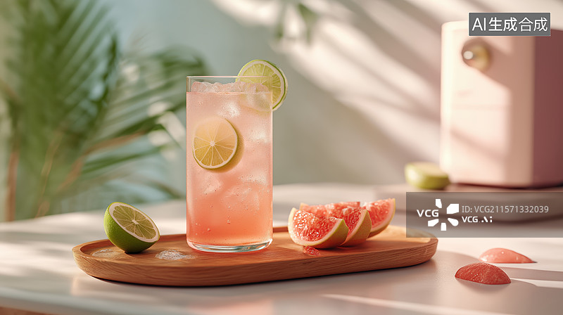 【AI数字艺术】粉色饮品与葡萄柚片图片素材