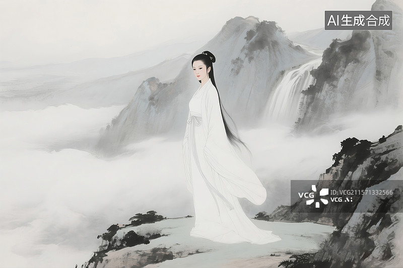 【AI数字艺术】水墨插画金庸小说中小龙女于云雾山间的特写形象图片素材