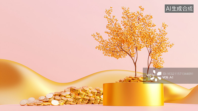【AI数字艺术】3D金币赚钱黄金摇钱树概念金融收入储蓄存款投资理财抽象时尚科技商务金色留白卡通背景图片素材