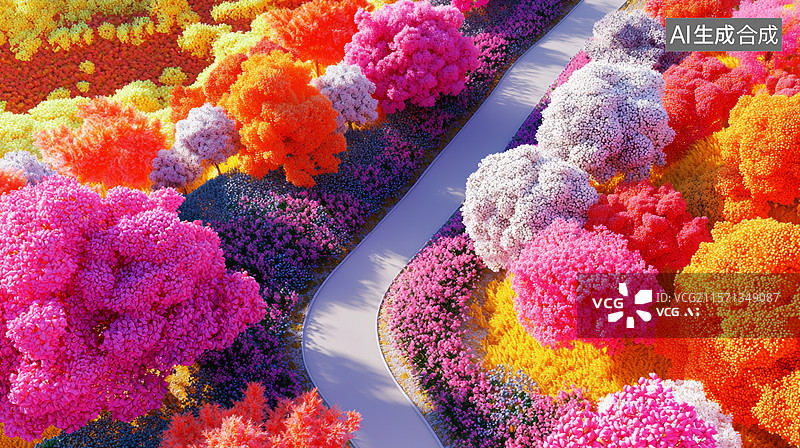 【AI数字艺术】3D花树森林小路花团锦簇喜庆大气华丽庭院花园园林新中式国风时尚高端轻奢人造空间红色粉色橘色春秋背景图片素材