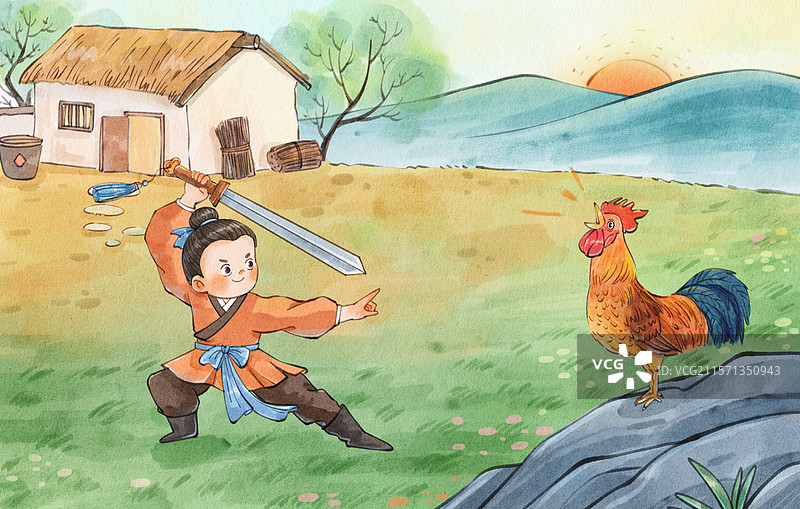 手绘水彩成语故事之闻鸡起舞古风免抠元素图片素材