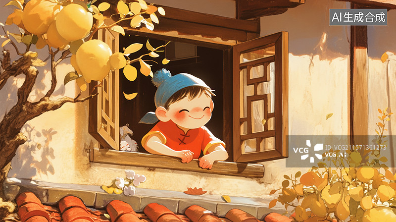 【AI数字艺术】窗边的孩童与橙树图片素材