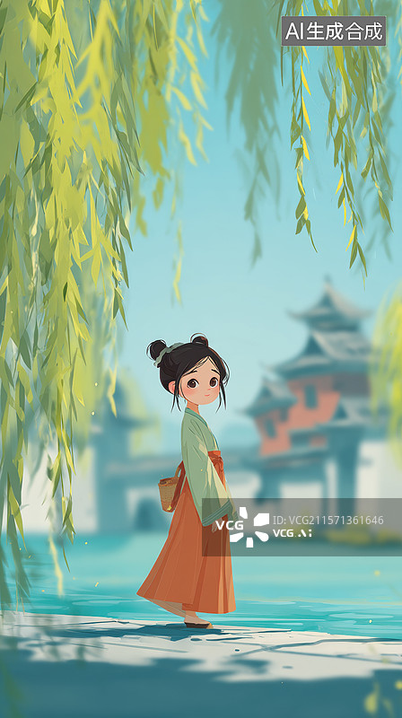 【AI数字艺术】古风少女柳下漫步图片素材