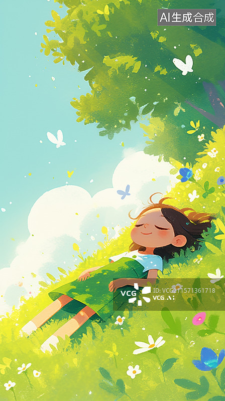 【AI数字艺术】女孩在花丛中悠闲地躺着图片素材