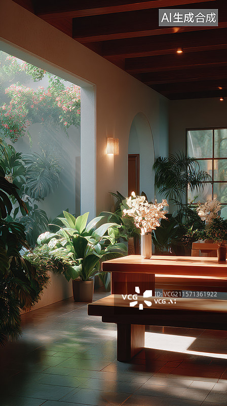 【AI数字艺术】室内植物与木质家具的现代客厅图片素材