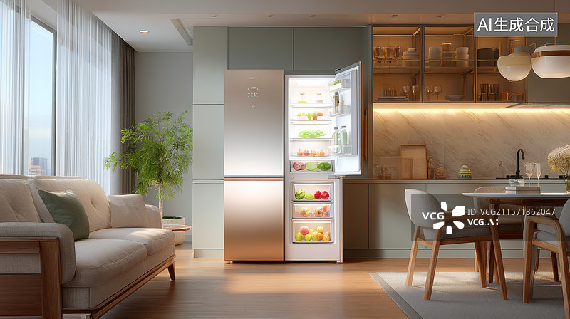 【AI数字艺术】现代厨房中的开放式冰箱图片素材