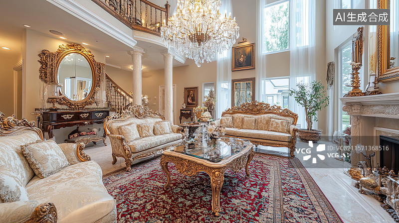 【AI数字艺术】欧式豪华风格客厅水晶吊灯欧式沙发波斯地毯3D室内装饰设计图片素材