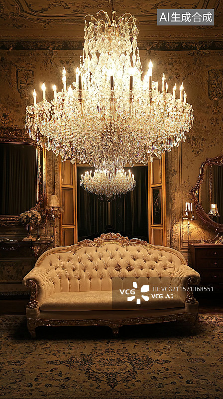 【AI数字艺术】欧式豪华风格客厅水晶吊灯欧式沙发波斯地毯3D室内装饰设计图片素材