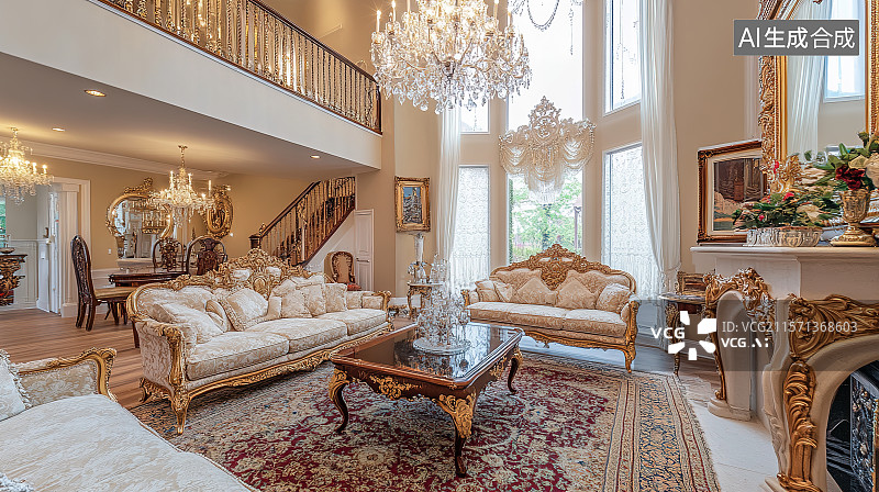 【AI数字艺术】欧式豪华风格客厅水晶吊灯欧式沙发波斯地毯3D室内装饰设计图片素材